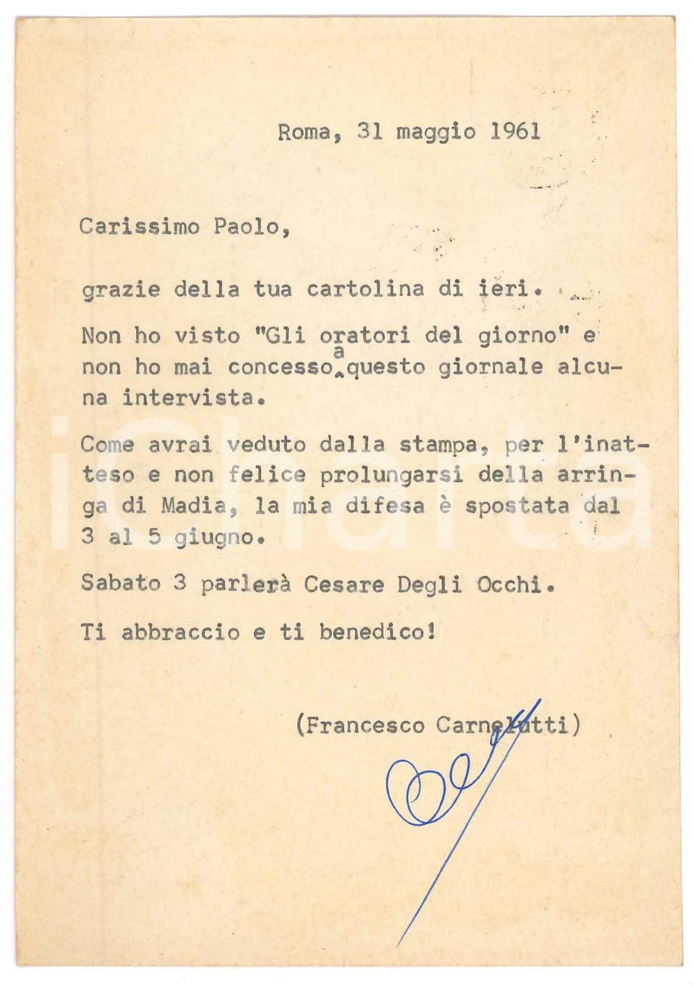 Autografo originale 1961 ROMA Francesco CARNELUTTI nega intervista a una rivista AUTOGRAFO 1