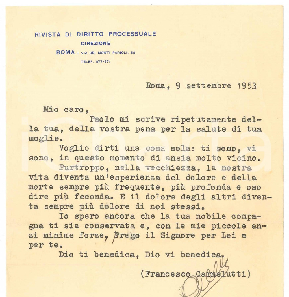 1953 ROMA Lettera Francesco CARNELUTTI a un collega - AUTOGRAFO