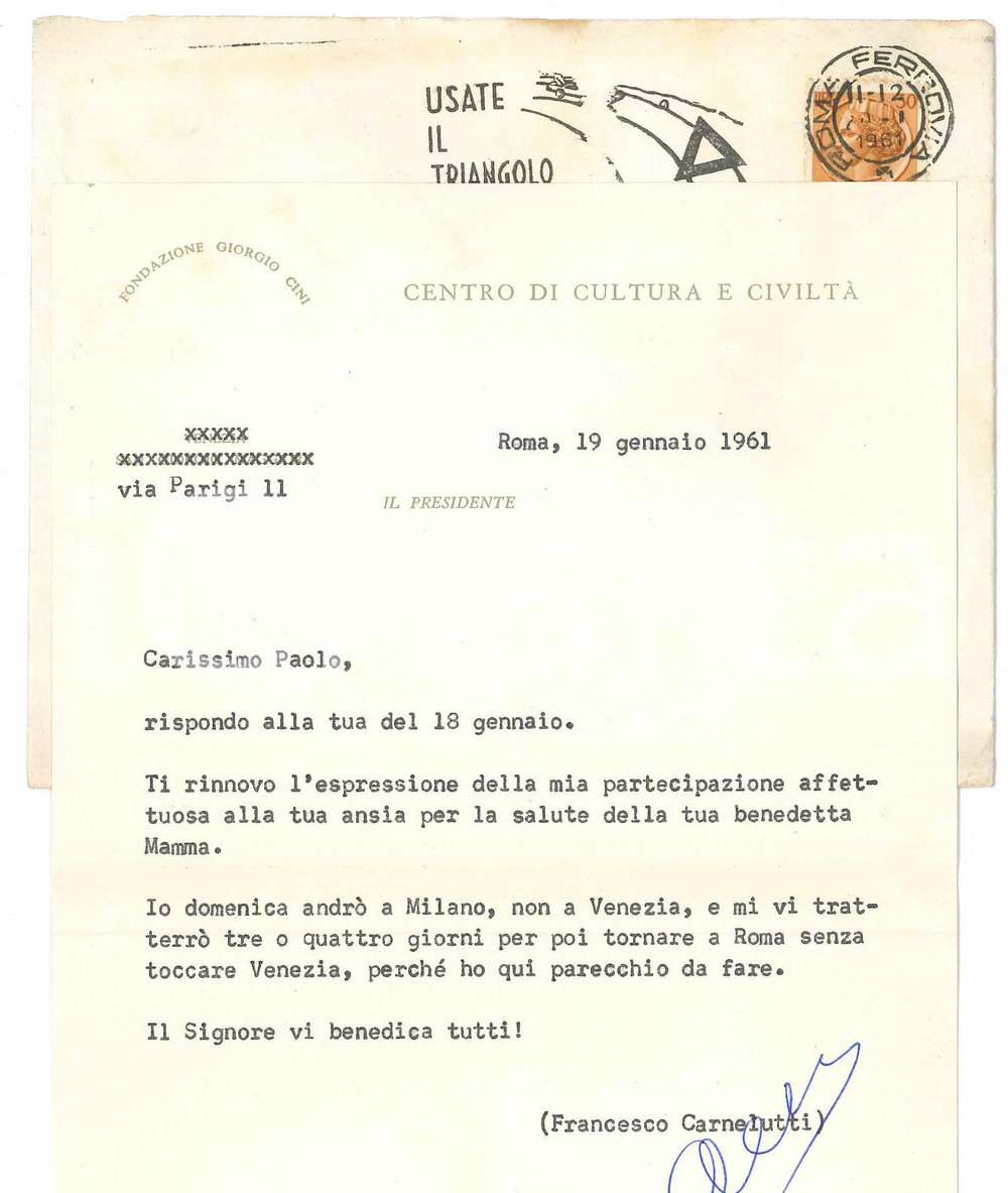 Autografo originale 1961 ROMA Lettera Francesco CARNELUTTI in viaggio per Milano AUTOGRAFO 1
