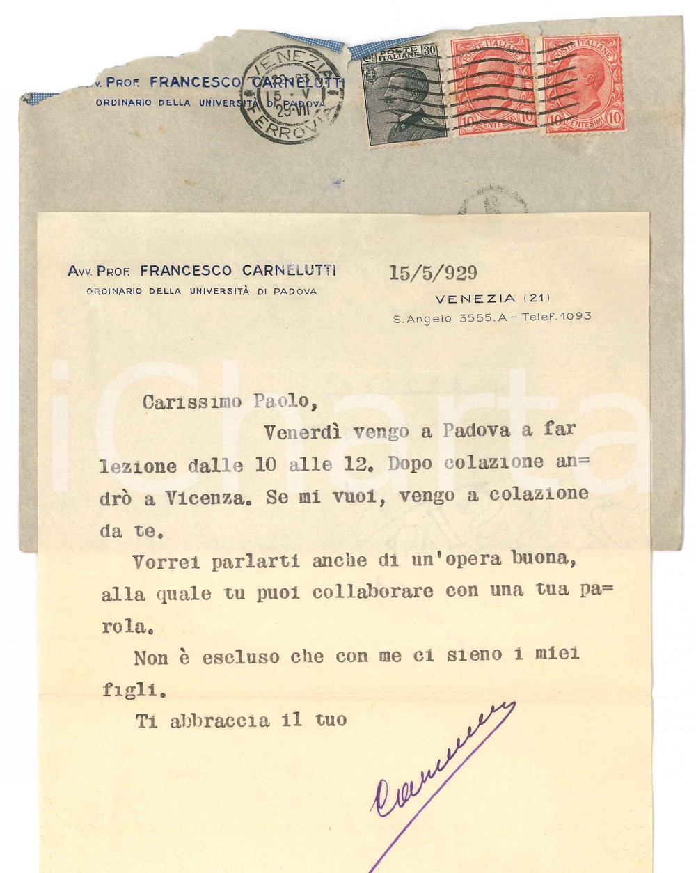 Autografo originale 1929 VENEZIA Lettera Francesco CARNELUTTI  Colazione con un collega AUTOGRAFO 1