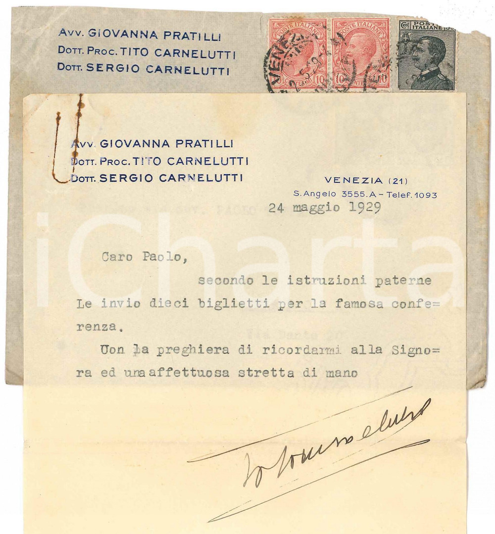 Autografo originale 1929 VENEZIA Lettera Tito CARNELUTTI per biglietti di una conferenza  Autografo 1