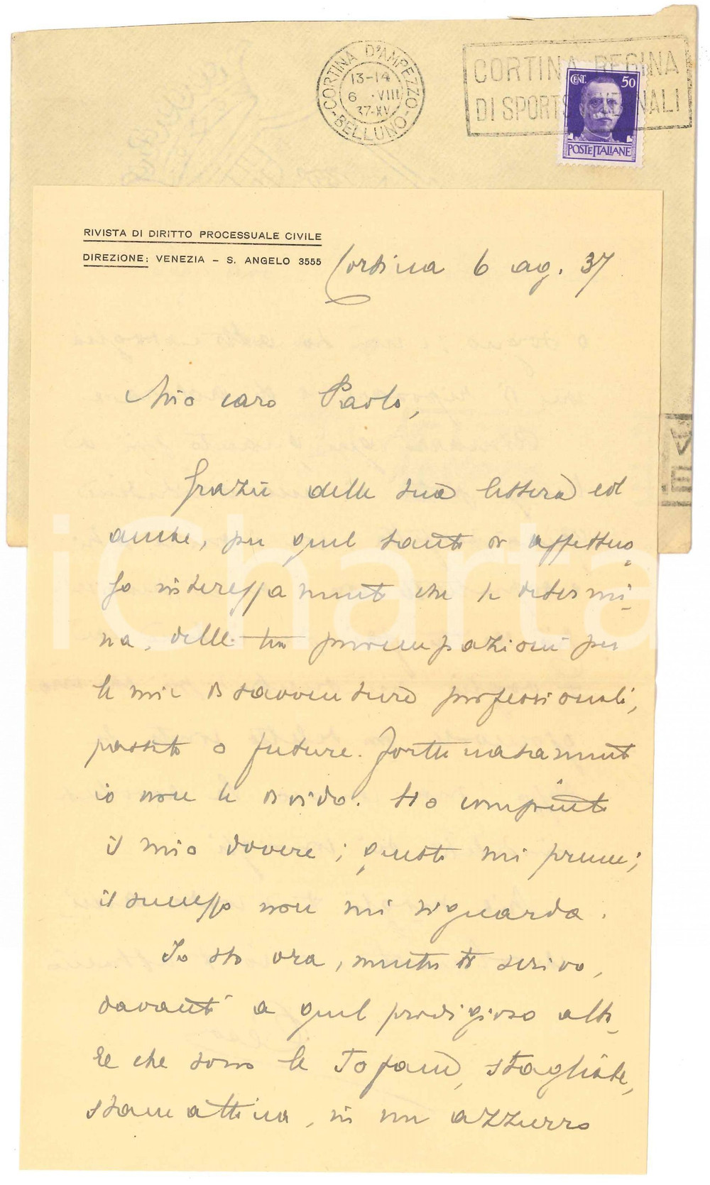 Autografo originale 1937 CORTINA D AMPEZZO Francesco CARNELUTTI in solitudine perfetta AUTOGRAFO 1