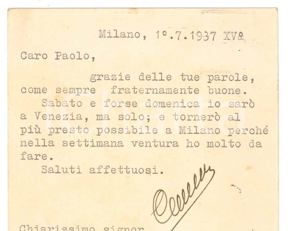 Autografo originale 1937 MILANO Cartolina Francesco CARNELUTTI in partenza per Venezia AUTOGRAFO 1