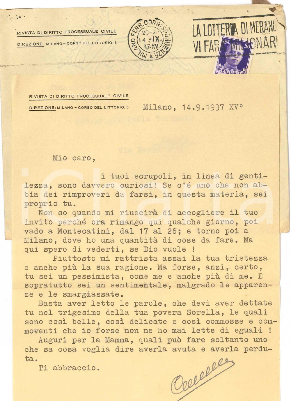 Autografo originale 1937 MILANO Lettera Francesco CARNELUTTI a un amico e collega AUTOGRAFO 1