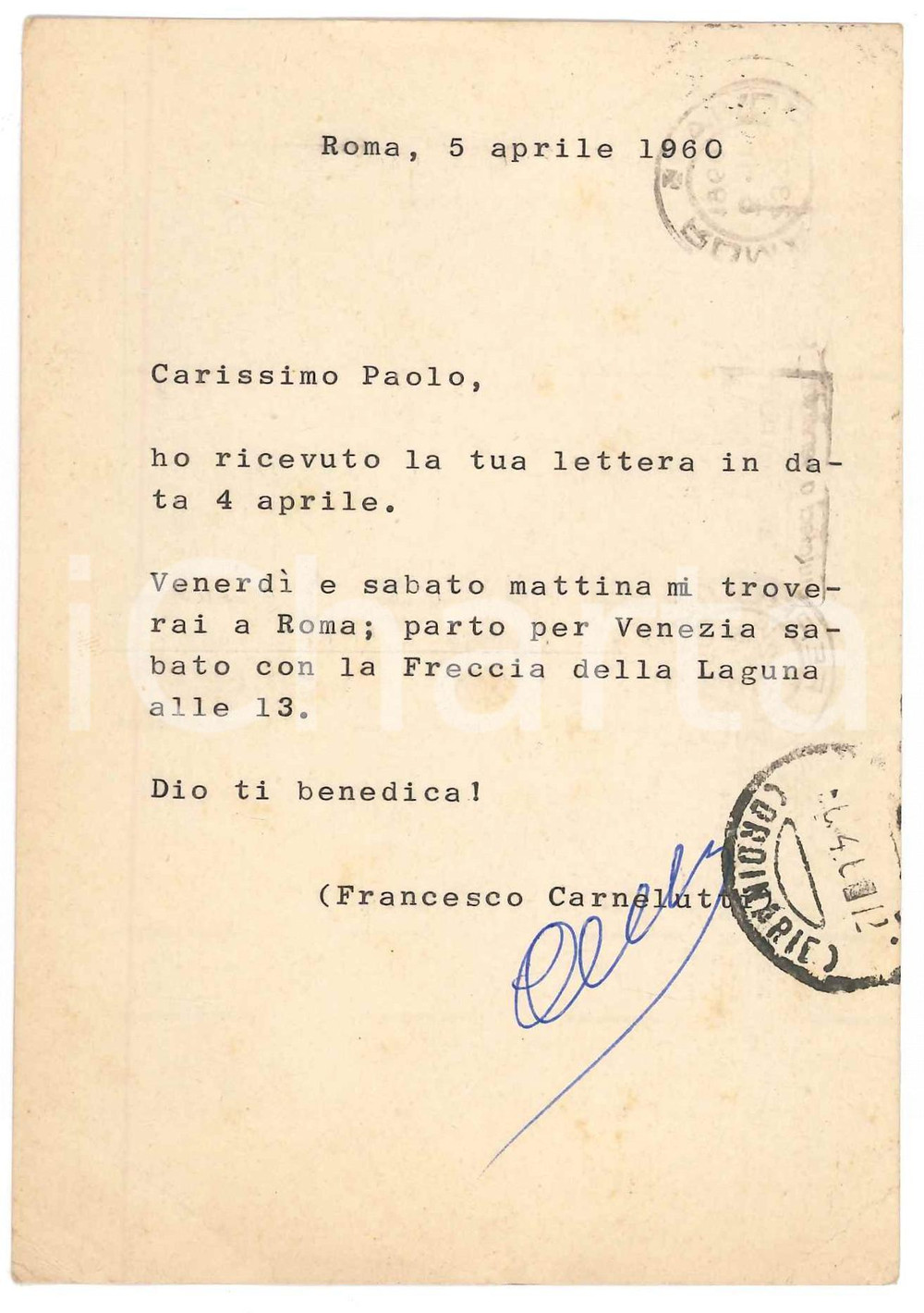 Autografo originale 1960 ROMA Cartolina Francesco CARNELUTTI tra Roma e Venezia  AUTOGRAFO 1