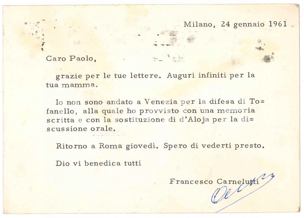 Autografo originale 1961 ROMA Cartolina Francesco CARNELUTTI per sostituzione in causa  AUTOGRAFO 1