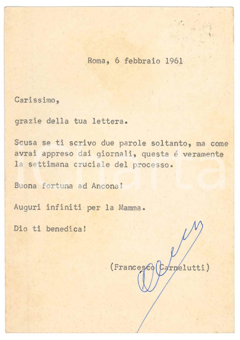 Autografo originale 1961 ROMA Cartolina Francesco CARNELUTTI per auguri  AUTOGRAFO 1