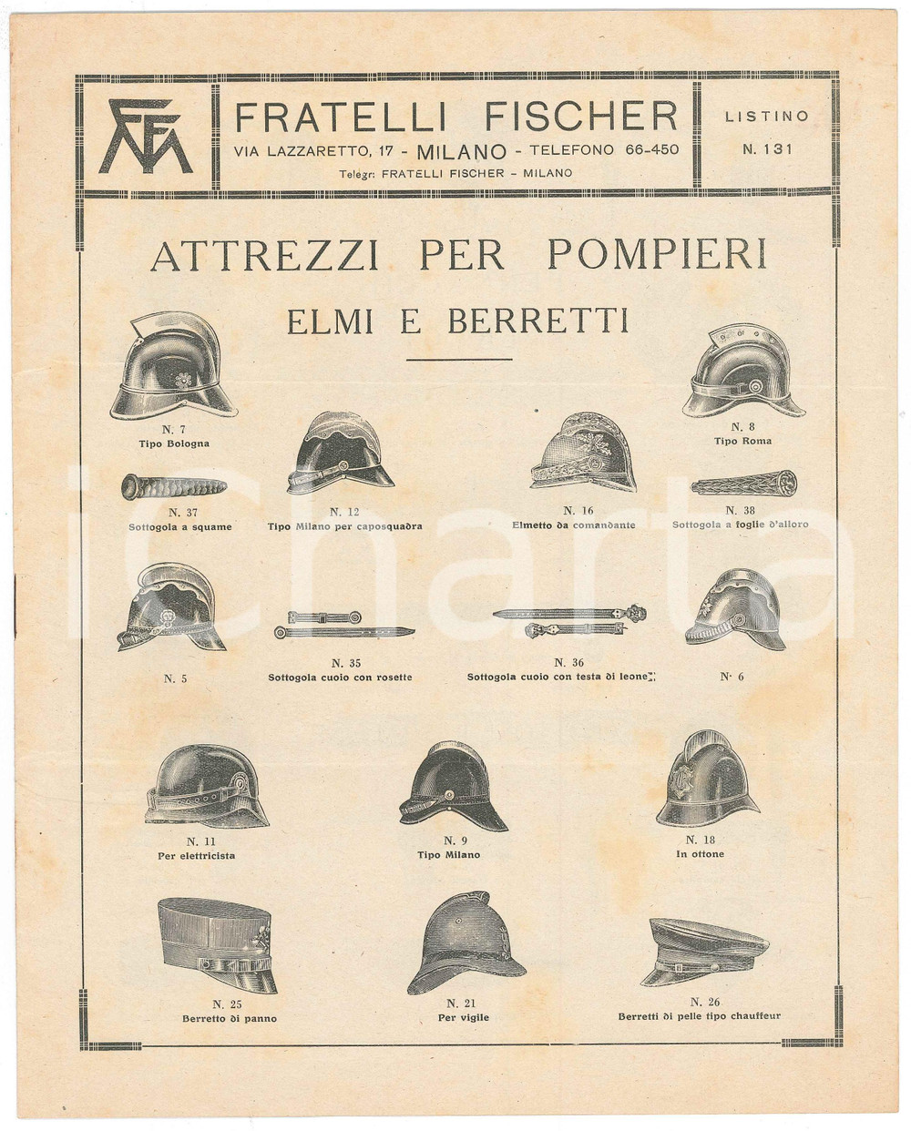 Materiale pubblicitario d’epoca 1933 MILANO Via Lazzaretto 17 Fratelli FISCHER Attrezzi per pompieri Listino 1