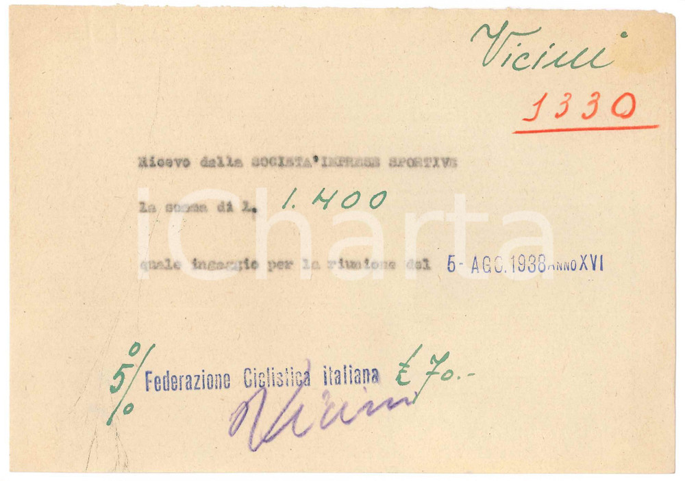 Autografo originale 1938 CICLISMO MILANO Ricevuta Mario VICINI  Ingaggio riunione AUTOGRAFO 1