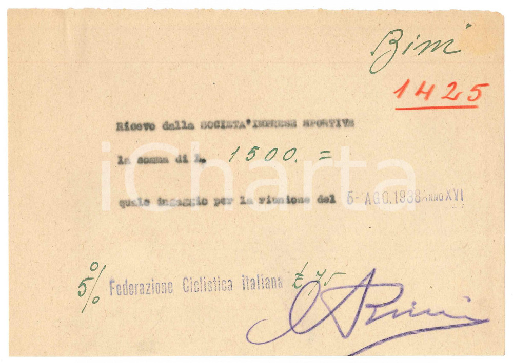 Autografo originale 1938 CICLISMO MILANO Ricevuta Aldo BINI  Ingaggio riunione AUTOGRAFO 1