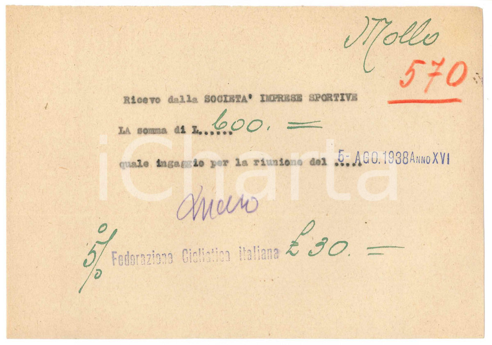 Autografo originale 1938 CICLISMO MILANO Enrico MOLLO  Ricevuta ingaggio riunione  AUTOGRAFO 1