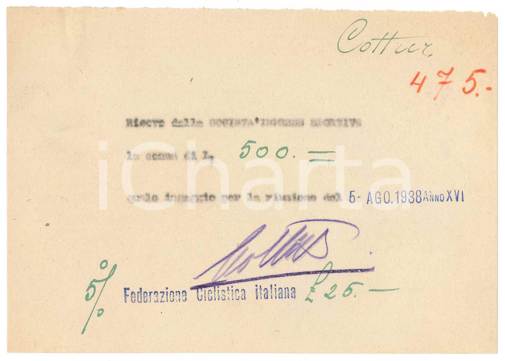 Autografo originale 1938 CICLISMO MILANO Giordano COTTUR  Ricevuta ingaggio riunione  AUTOGRAFO 1