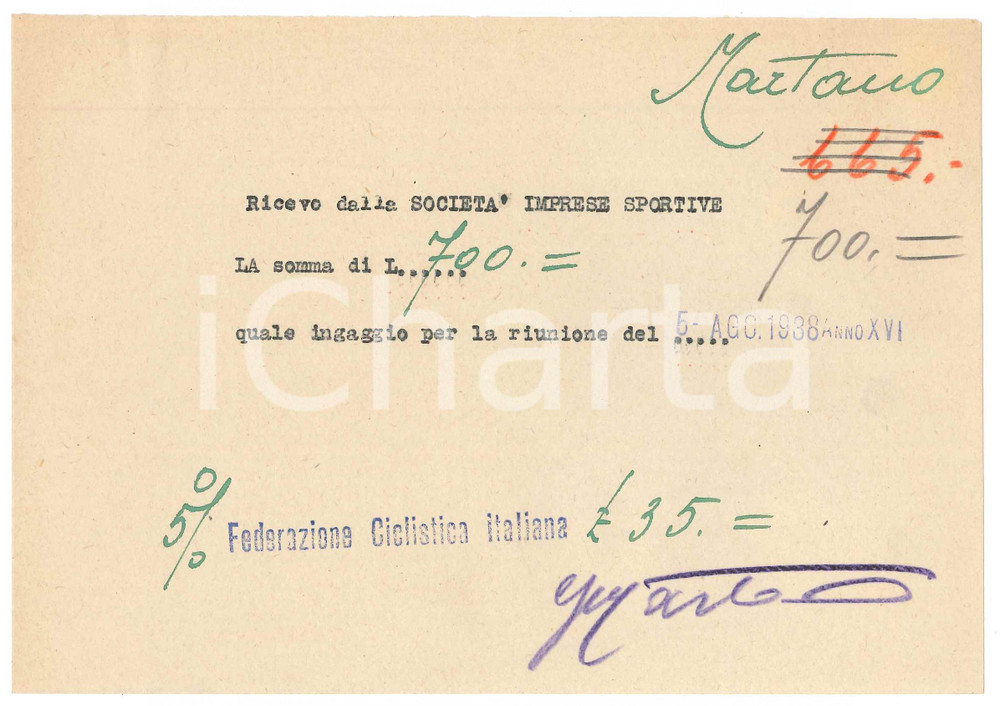 Autografo originale 1938 CICLISMO MILANO Giuseppe MARTANO  Ricevuta ingaggio riunione  AUTOGRAFO 1