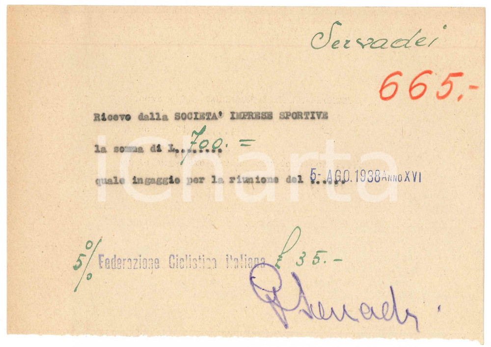Autografo originale 1938 CICLISMO MILANO Glauco SERVADEI  Ricevuta ingaggio riunione  AUTOGRAFO 1