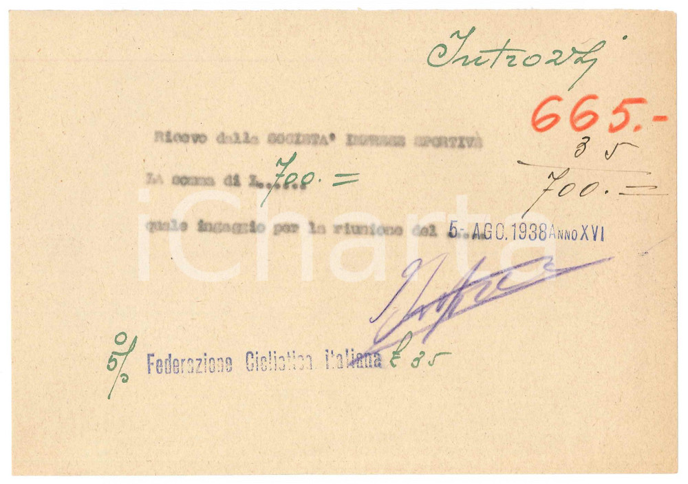 Autografo originale 1938 CICLISMO MILANO Augusto INTROZZI  Ricevuta ingaggio riunione  AUTOGRAFO 1