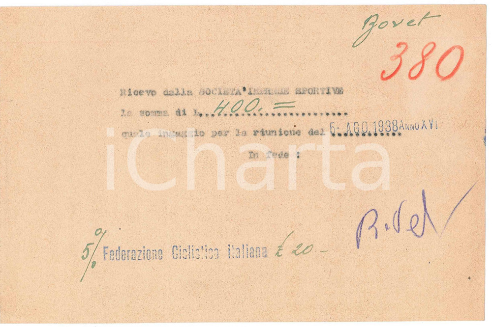 Autografo originale 1938 CICLISMO MILANO Ricevuta Alfredo BOVET  Ingaggio corsa Autografo 1
