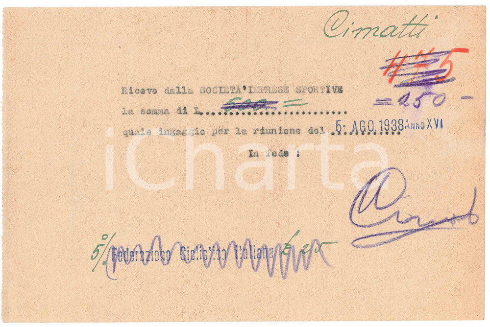 Autografo originale 1938 CICLISMO MILANO Ricevuta Marco CIMATTI  Ingaggio corsa Autografo 1