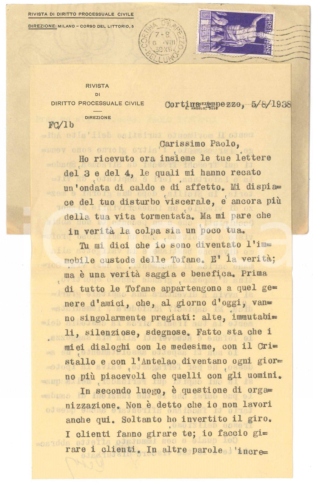 Autografo originale 1938 CORTINA D AMPEZZO Francesco CARNELUTTI custode delle Tofane AUTOGRAFO 1