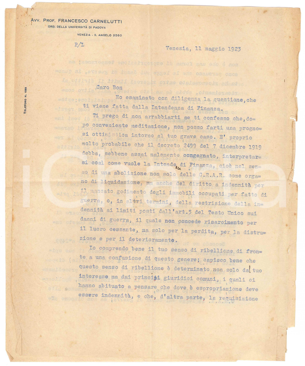 Autografo originale 1923 VENEZIA Francesco CARNELUTTI su immobili occupati in guerra AUTOGRAFO 1