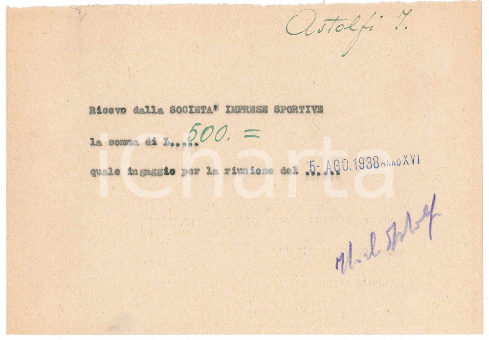 Autografo originale 1938 CICLISMO MILANO Ricevuta Italo ASTOLFI  Ingaggio corsa Autografo 1