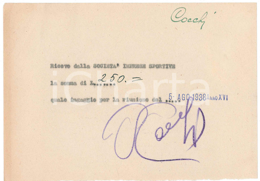 1938 CICLISMO MILANO Ricevuta Giovanni COCCHI - Ingaggio corsa *Autografo