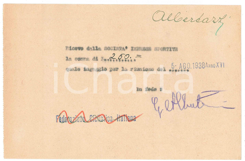 Autografo originale 1938 CICLISMO MILANO Ricevuta ALBERTAZZI  Ingaggio corsa Autografo 1