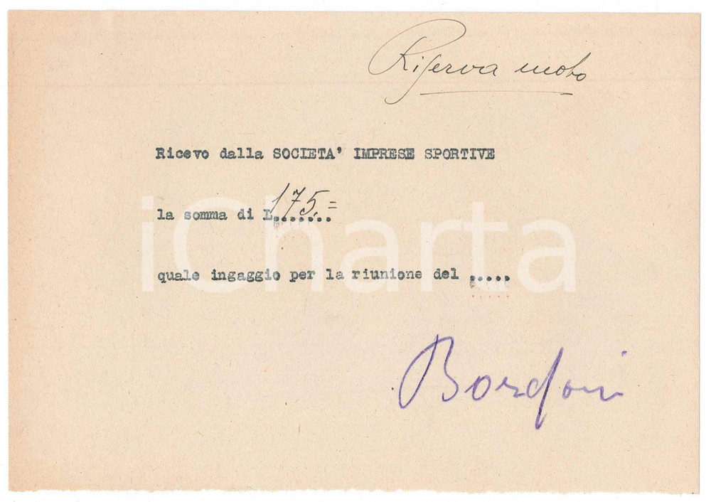 Autografo originale 1938 CICLISMO MILANO Ricevuta Adolfo BORDONI  Riserva moto AUTOGRAFO 1