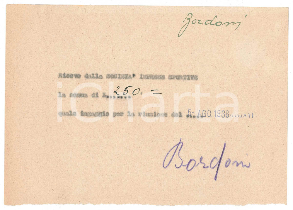 Autografo originale 1938 CICLISMO MILANO Ricevuta Adolfo BORDONI  Ingaggio riunione AUTOGRAFO 1