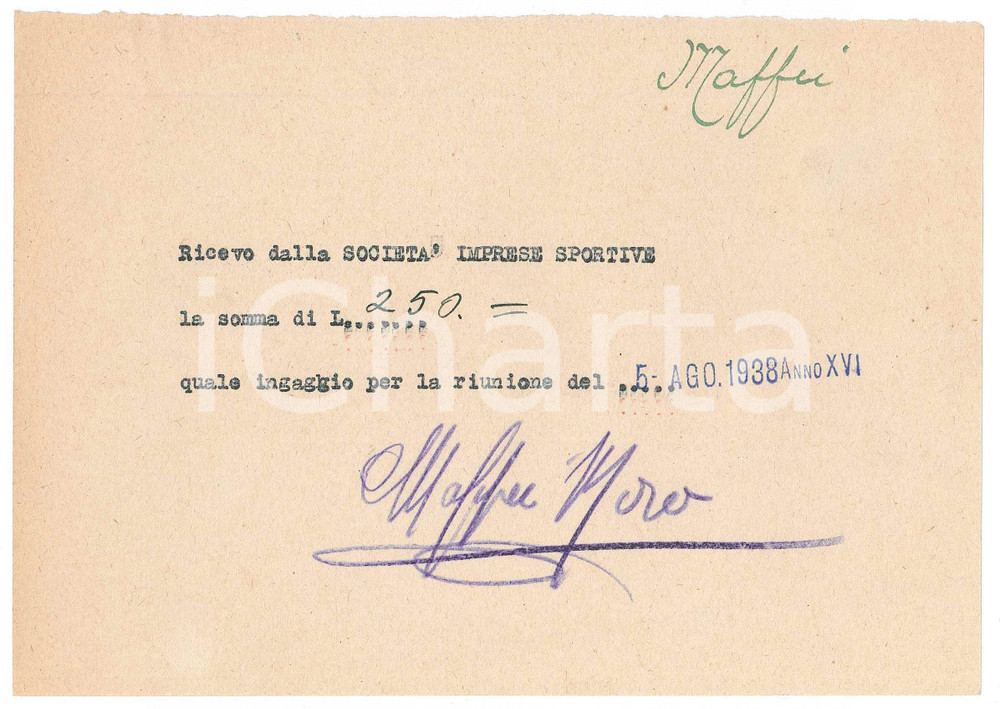 Autografo originale 1938 CICLISMO MILANO Ricevuta Italo CIPRESSI  Ingaggio riunione AUTOGRAFO 1