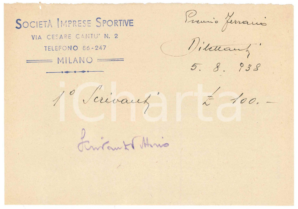 Autografo originale 1938 MILANO CICLISMO Ricevuta Vittorio SCRIVANTI Premio Ferrario AUTOGRAFO 1
