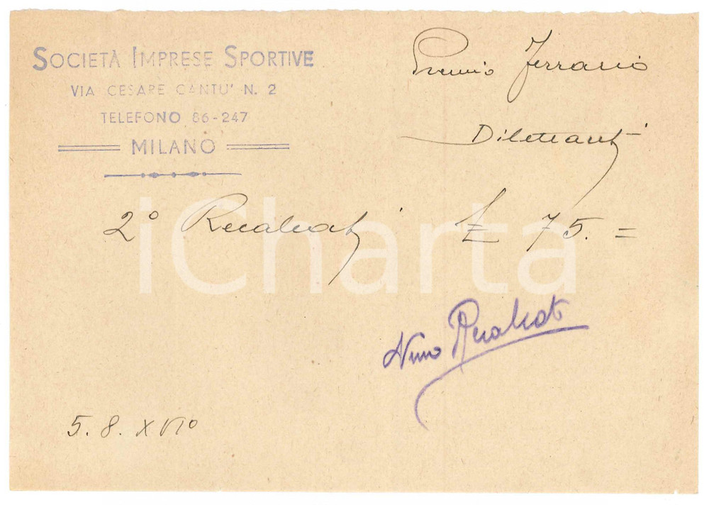 Autografo originale 1938 MILANO CICLISMO Ricevuta Nino RECALCATI Premio Ferrario AUTOGRAFO 1