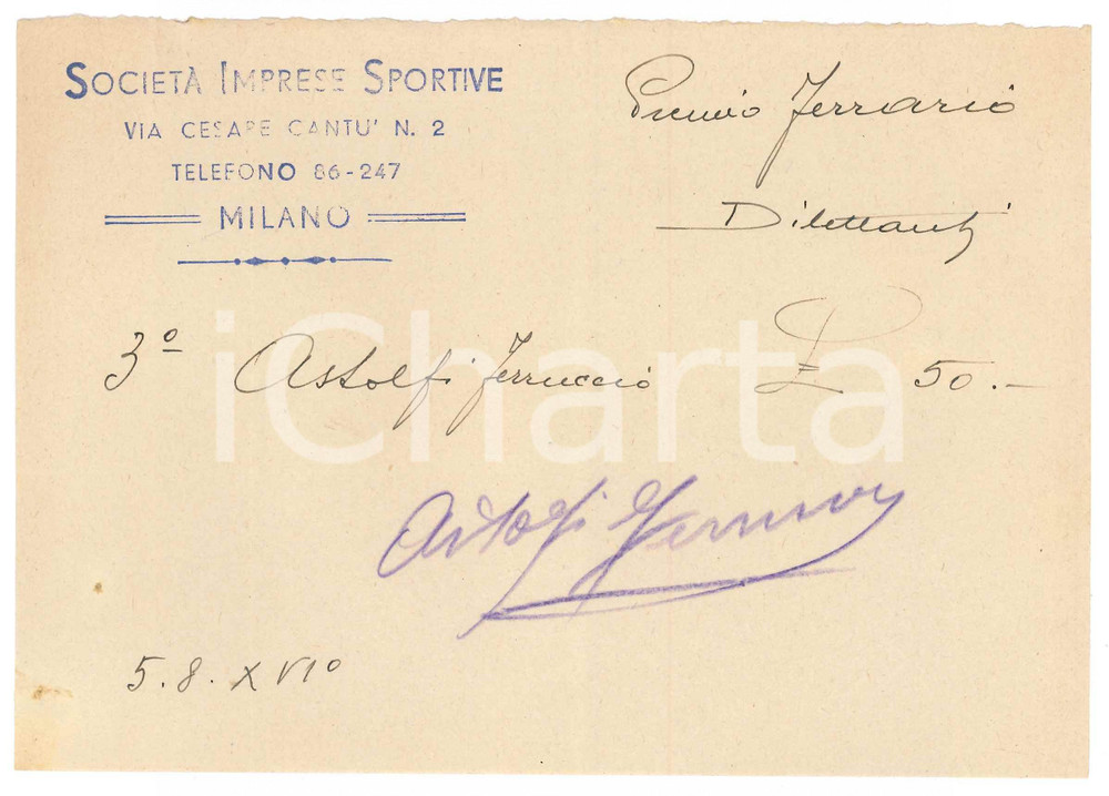 Autografo originale 1938 MILANO CICLISMO Ricevuta Ferruccio ASTOLFI Premio Ferrario AUTOGRAFO 1