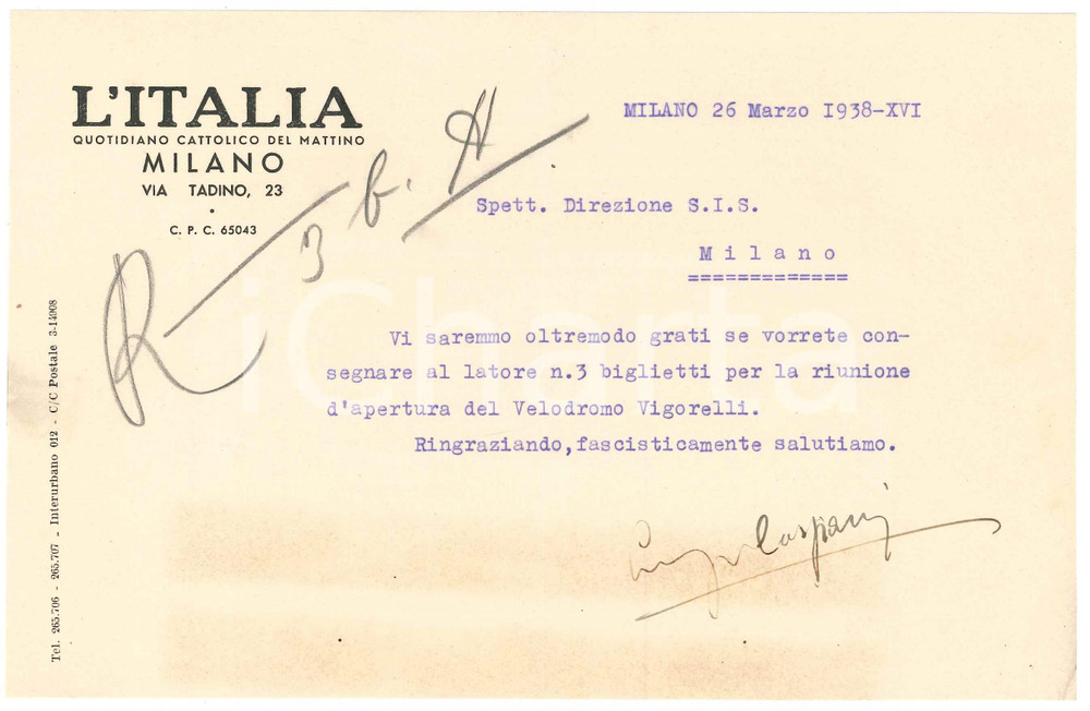 Documento originale, autentico 1938 MILANO Quotidiano cattolico L ITALIA  Lettera per biglietti gara ciclismo 1