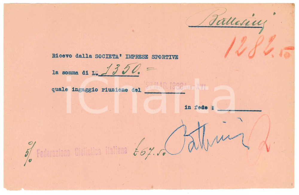 Autografo originale 1938 CICLISMO MILANO Ricevuta Fabio BATTESINI  Ingaggio riunione AUTOGRAFO 1