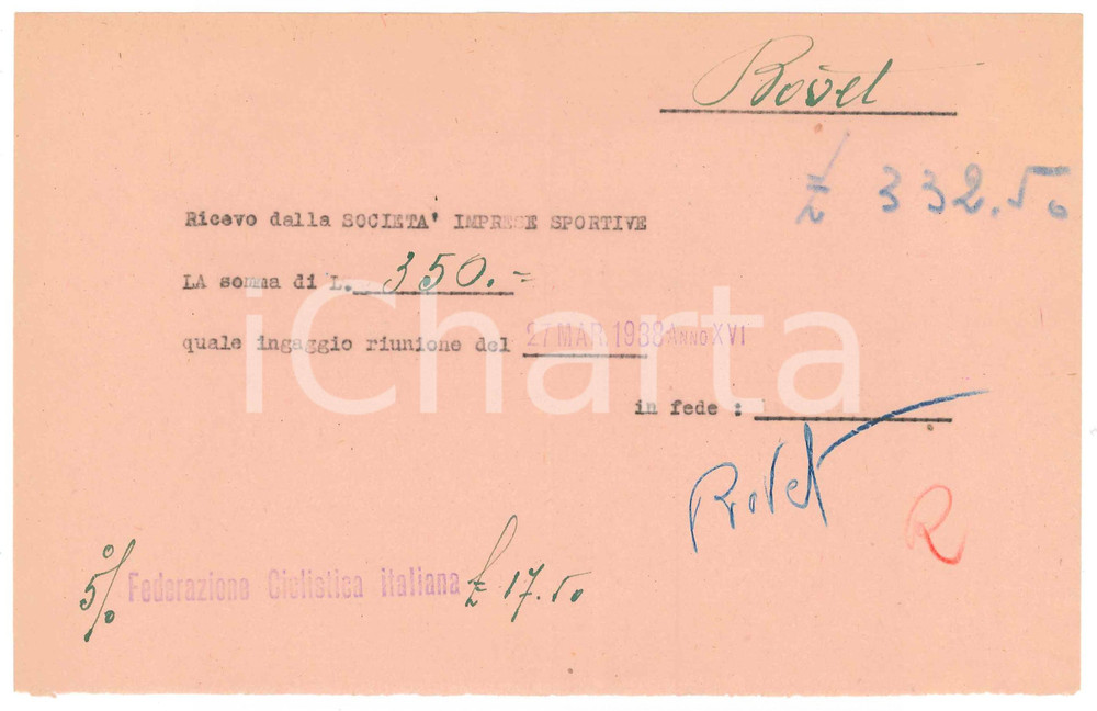 Autografo originale 1938 CICLISMO MILANO Ricevuta Alfredo BOVET per ingaggio riunione  AUTOGRAFO 1