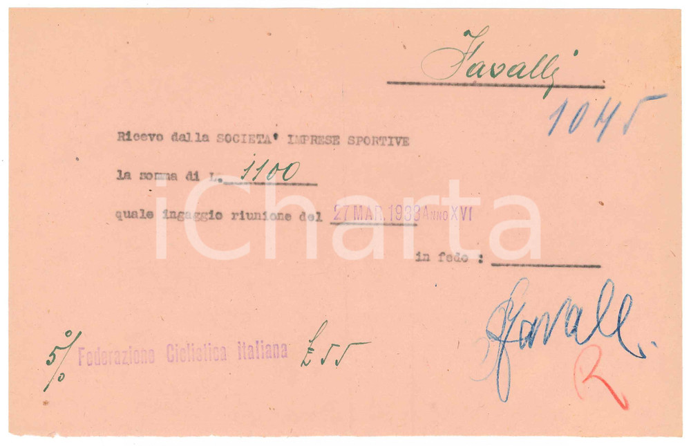 Autografo originale 1938 CICLISMO MILANO Ricevuta Pierino FAVALLI  Ingaggio riunione AUTOGRAFO 1