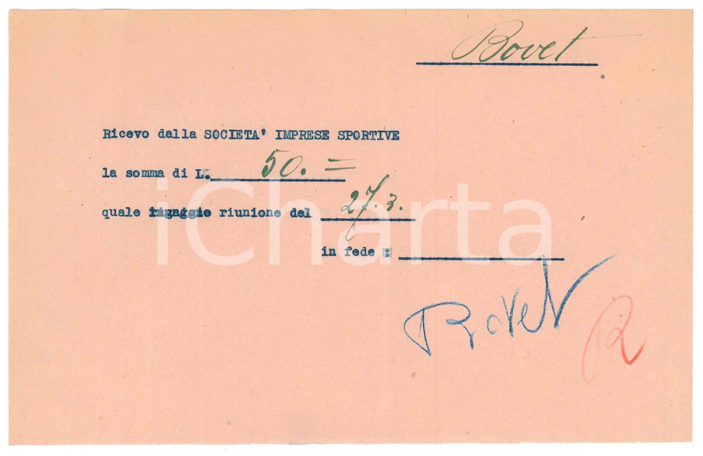 Autografo originale 1938 CICLISMO MILANO Ricevuta Alfredo BOVET per corsa  AUTOGRAFO 1