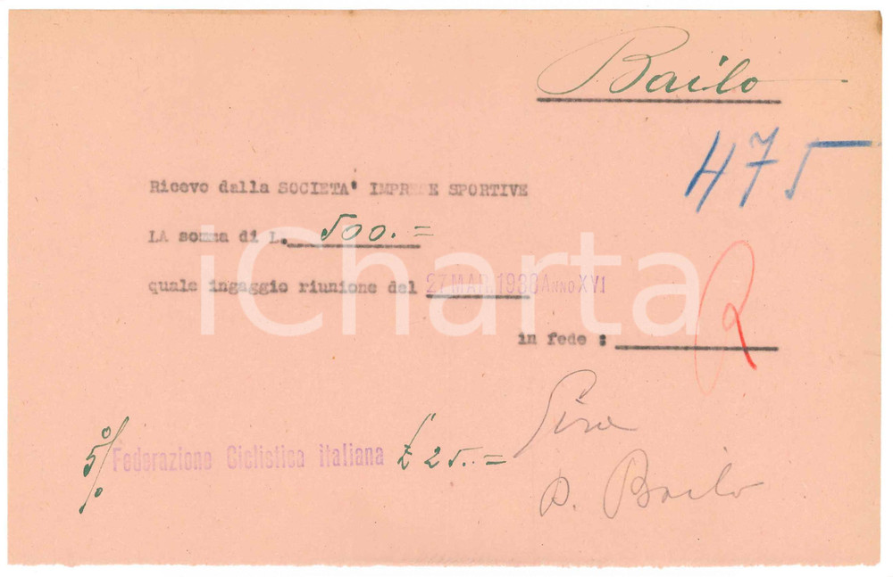 Autografo originale 1938 CICLISMO MILANO Ricevuta Osvaldo BAILO per corsa  AUTOGRAFO 1