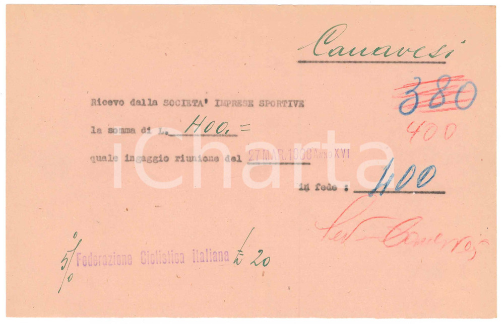 Autografo originale 1938 CICLISMO MILANO Ricevuta Severino CANAVESI per ingaggio riunione AUTOGRAFO 1