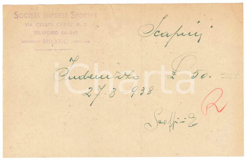 Autografo originale 1938 MILANO CICLISMO Ricevuta Edgar SCAPPINI per indennizzo  AUTOGRAFO 1