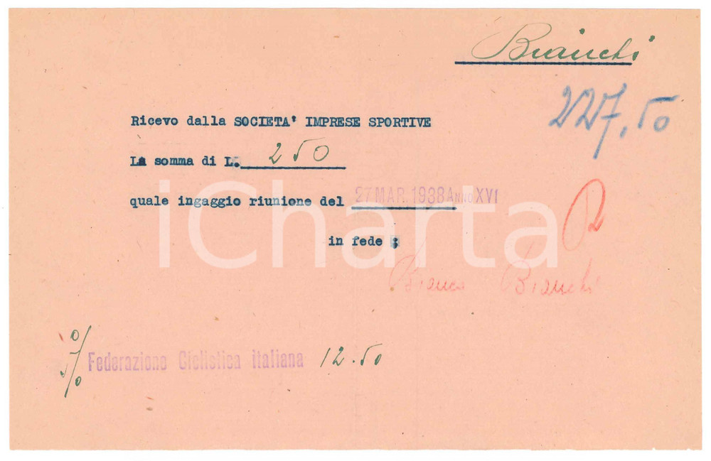 Autografo originale 1938 CICLISMO MILANO Ricevuta Bianco BIANCHI per ingaggio riunione AUTOGRAFO 1