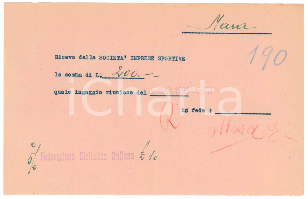 Autografo originale 1938 CICLISMO MILANO Ricevuta Enrico MARA per ingaggio riunione AUTOGRAFO 1