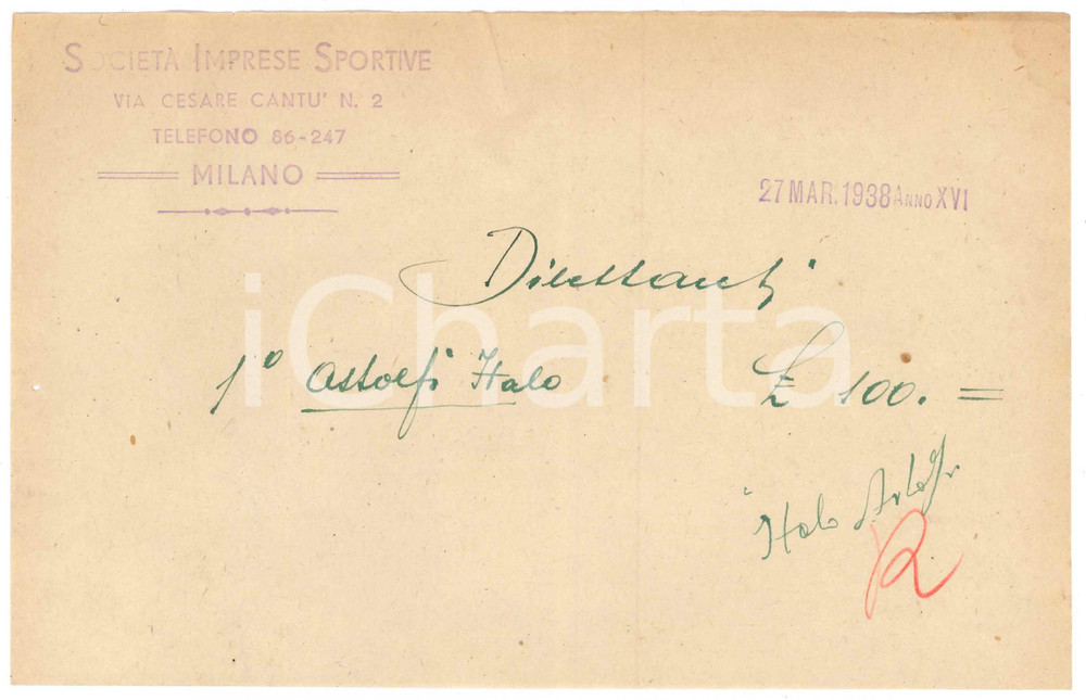 Autografo originale 1938 MILANO CICLISMO Ricevuta Italo ASTOLFI per gara dilettanti  AUTOGRAFO 1