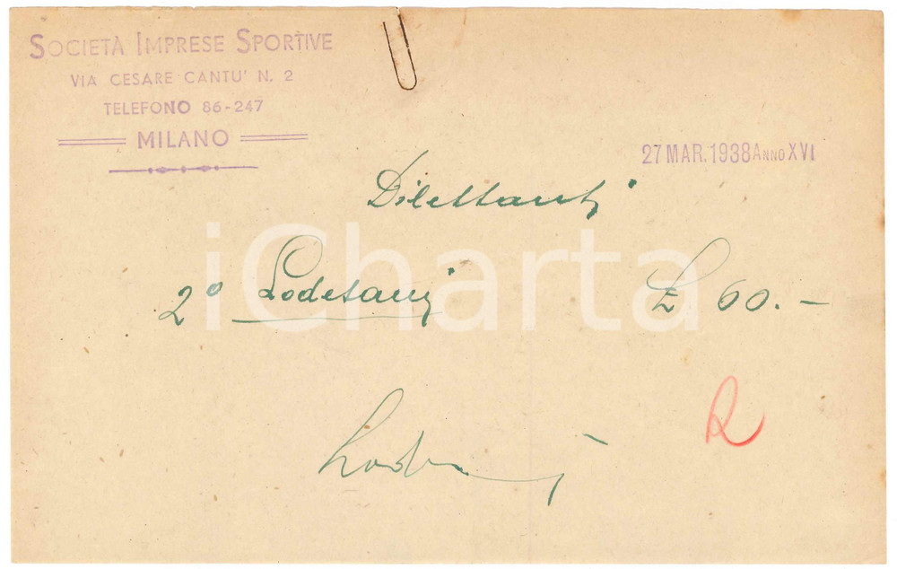 Autografo originale 1938 MILANO CICLISMO Ricevuta Emilio LODESANI per gara dilettanti  AUTOGRAFO 1