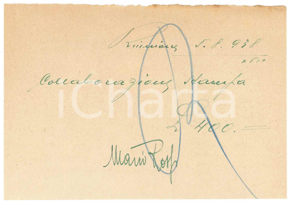 Autografo originale 1938 CICLISMO MILANO Ricevuta Mario ROSSI per collaborazione stampa  AUTOGRAFO 1