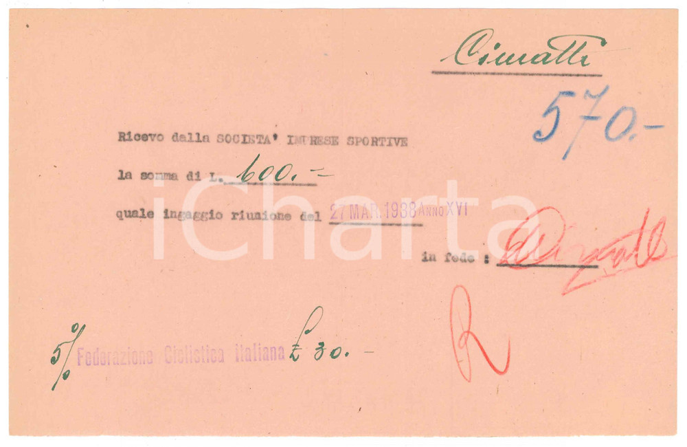 Autografo originale 1938 CICLISMO MILANO Ricevuta Marco CIMATTI per ingaggio riunione  AUTOGRAFO 1