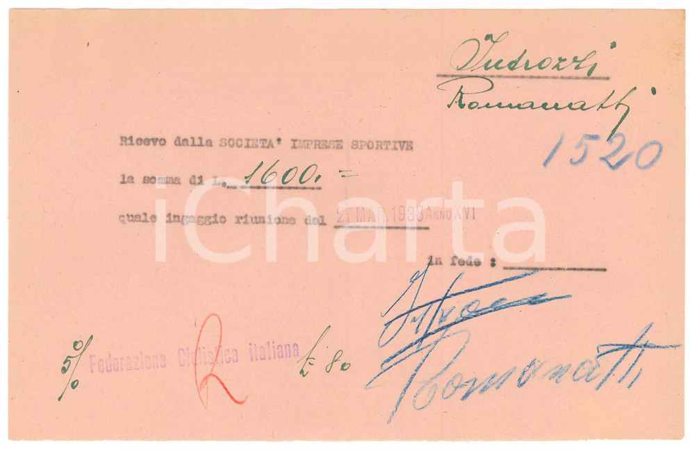 Autografo originale 1938 CICLISMO MILANO Ricevuta Augusto INTROZZI Carlo ROMANATTI Autografi 1
