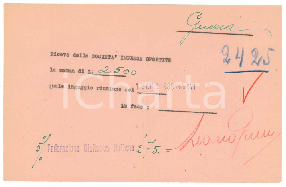 Autografo originale 1938 CICLISMO MILANO Ricevuta Learco GUERRA  Ingaggio per  riunione AUTOGRAFO 1