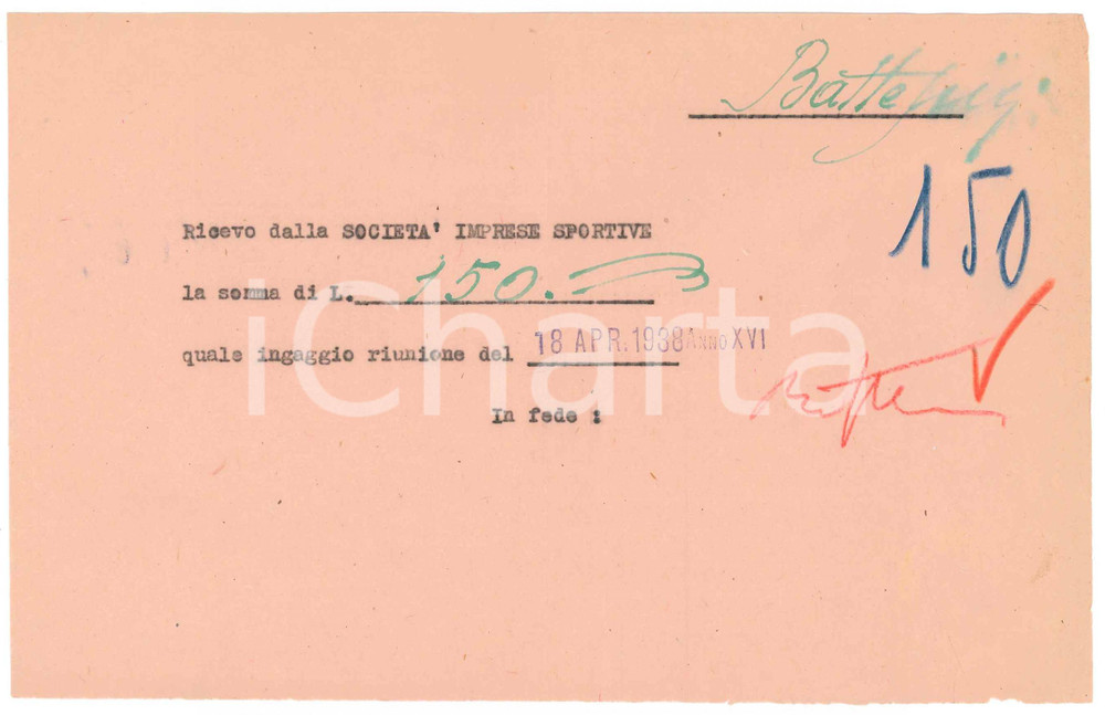 Autografo originale 1938 CICLISMO MILANO Ricevuta Fabio BATTESINI per ingaggio gara AUTOGRAFO 1