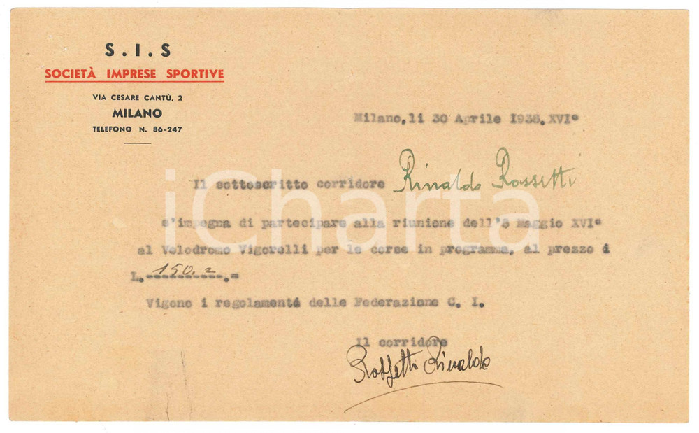 Autografo originale 1938 CICLISMO MILANO Arnaldo ROSSETTI conferma gara al Vigorelli  AUTOGRAFO 1